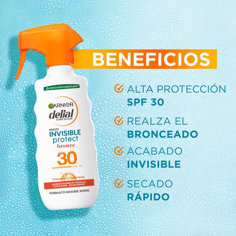 Garnier Delial Spray Solar Invisible Protect Bronze Con Vitamina E. Acabado Invisible, Protege Y Potencia Bronceado Spf30, 270Ml