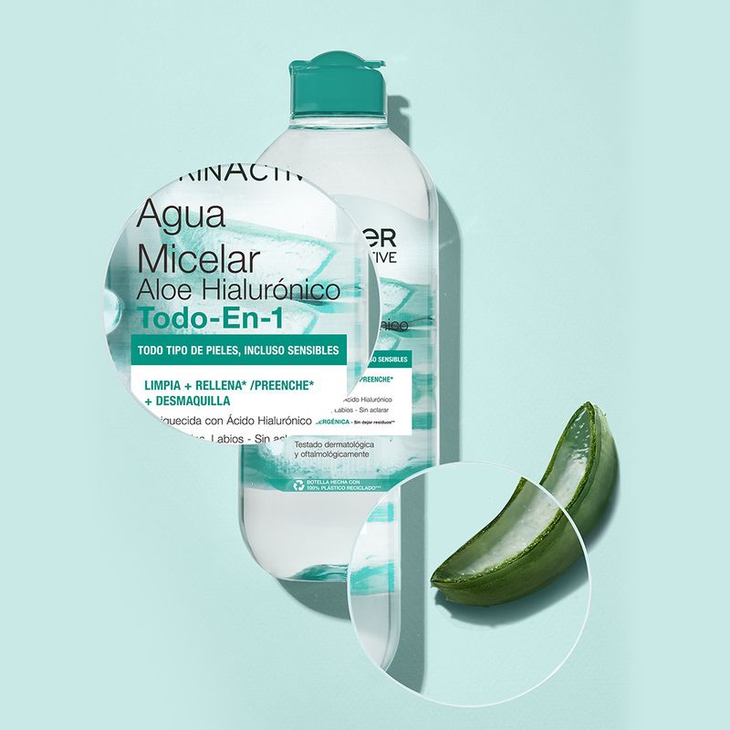 Garnier Agua Micelar Aloe Hialurónico Todo En 1 Limpia, Desmaquilla Y Rellena Rostro, Ojos, Labios - Sin Aclarado