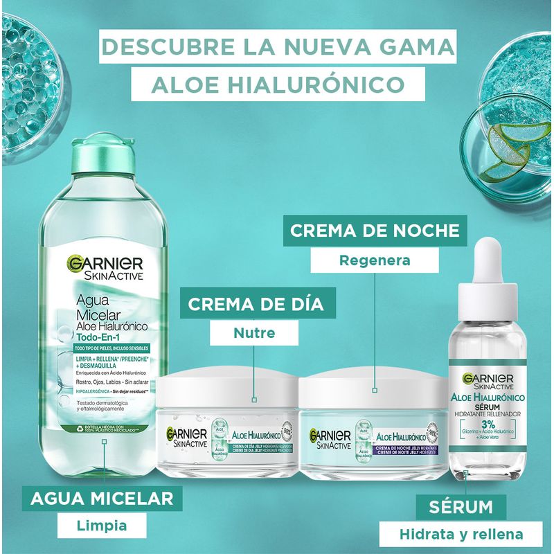 Garnier Agua Micelar Aloe Hialurónico Todo En 1 Limpia, Desmaquilla Y Rellena Rostro, Ojos, Labios - Sin Aclarado