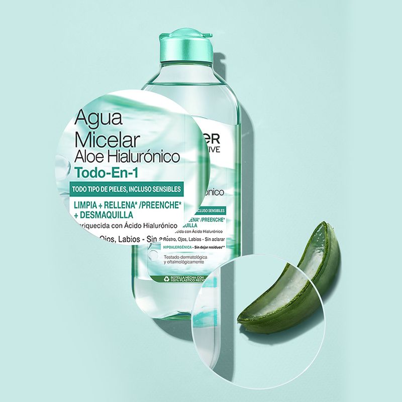 Garnier Agua Micelar Aloe Hialurónico Todo En 1 Limpia, Desmaquilla Y Rellena Rostro, Ojos, Labios - Sin Aclarado