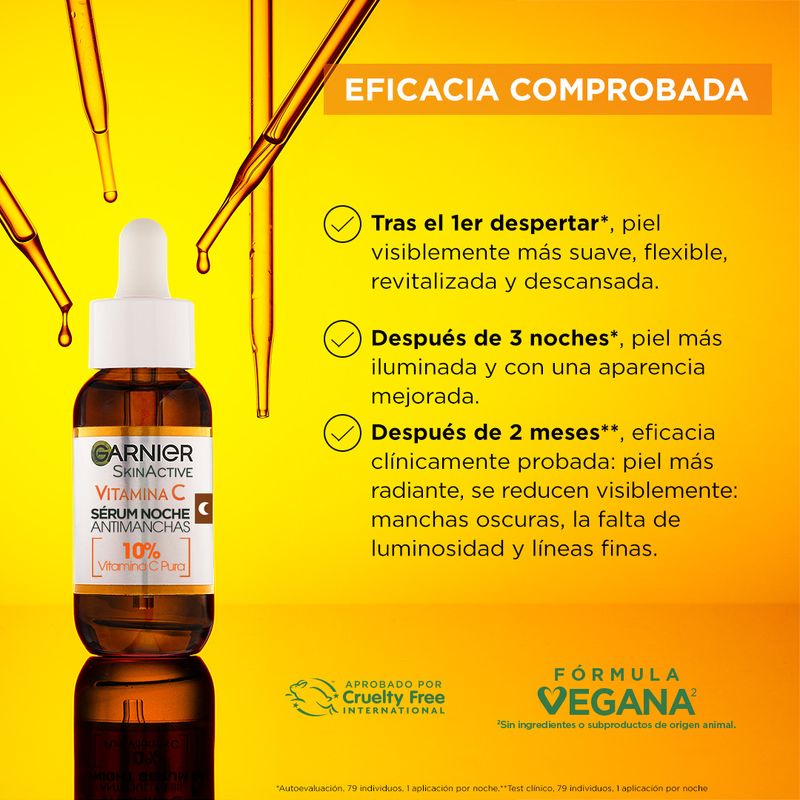 Garnier Sérum De Noche Antimanchas Con 10% Vitamina C. Resultados En Manchas, Piel Apagada Y Líneas Finas