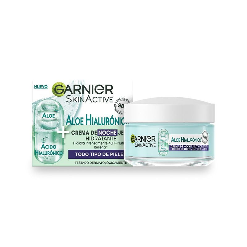 Garnier Crema De Noche Aloe Hialurónico Con Ácido Hialurónico + Aloe + Argán. Hidrata 48H, Nutre, Rellena