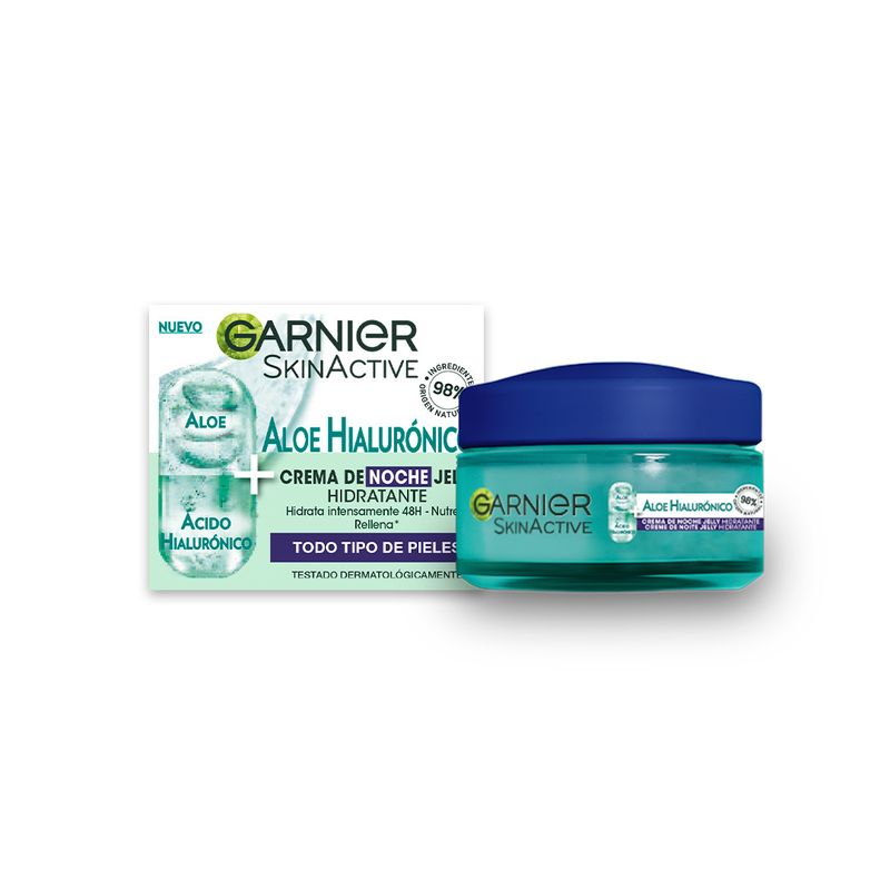 Garnier Crema De Noche Aloe Hialurónico Con Ácido Hialurónico + Aloe + Argán. Hidrata 48H, Nutre, Rellena