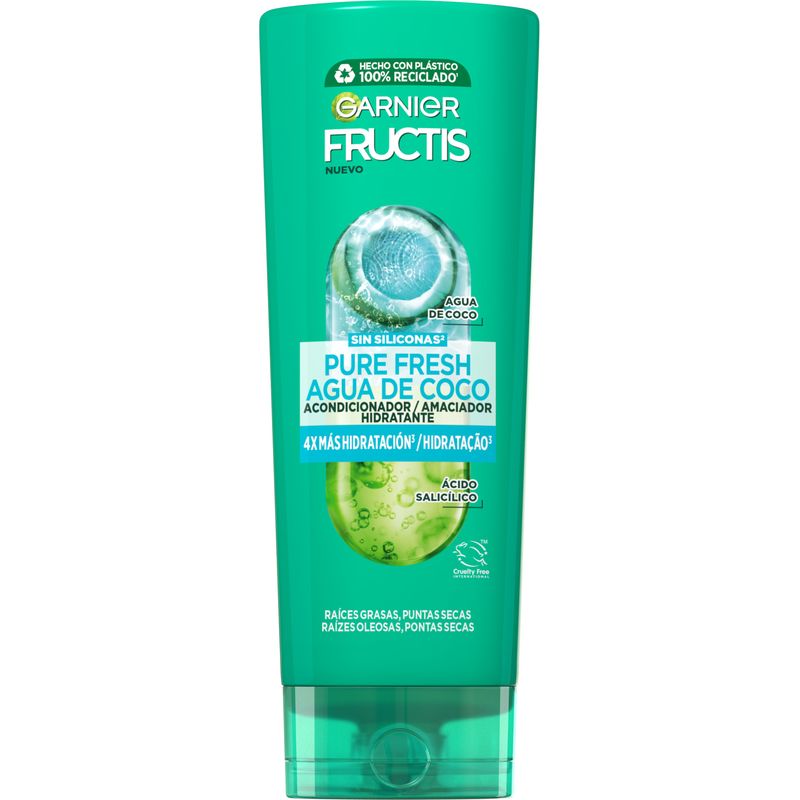 Garnier Fructis Pure Fresh Agua De Coco Acondicionador Pelo Normal Con Raíces Grasas Y Puntas Secas 250Ml