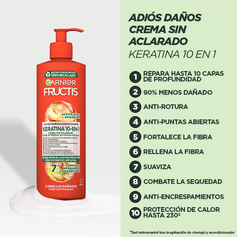 Garnier Fructis Crema Sin Aclarado 10-En-1 Adiós Daños Con Aceite De Marula Para Cabello Dañado 400Ml