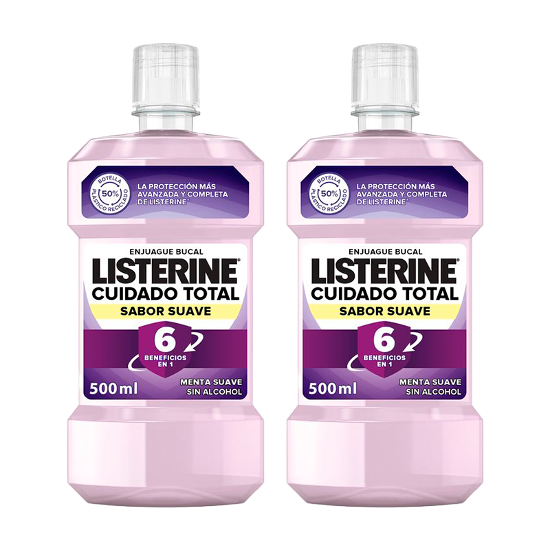 Listerine Duplo Enjuague Bucal Cuidado Total Sabor Suave, 2 x 500 Ml