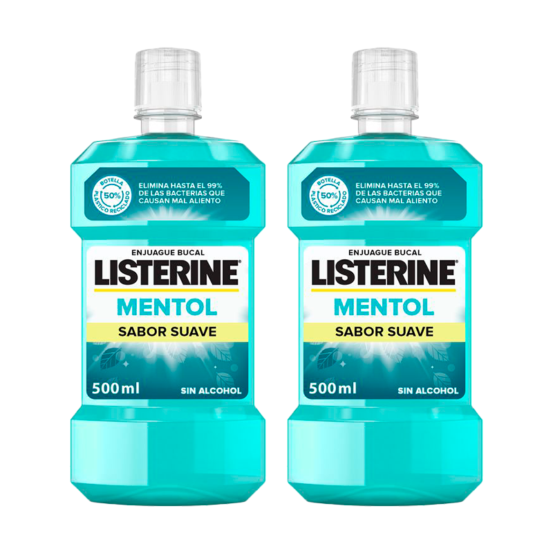 Listerine Duplo Enjuague Bucal, Mentol Sabor Suave, Sin Alcohol, Para Uso Diario, 2 x 500Ml