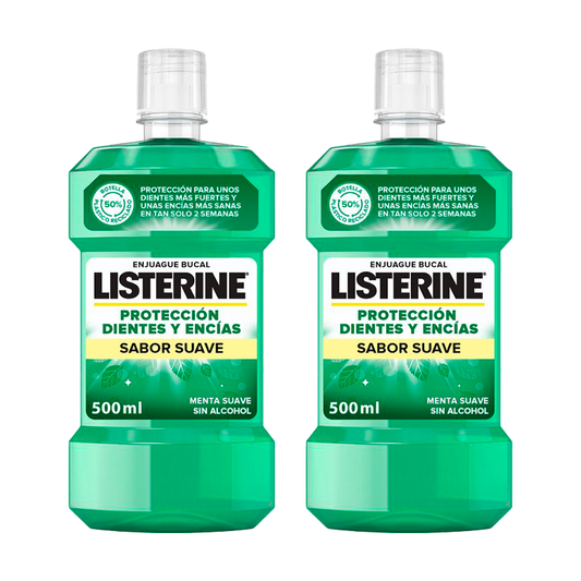 Listerine Duplo Enjuague Bucal Protección Dientes Y Encías Menta Suave Sin Alcohol, 2 x 500 Ml