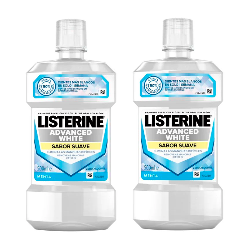 Listerine Duplo Enjuague Bucal, Blanqueador Avanzado, Sin Alcohol, Menta Suave, 2 x 500 Ml