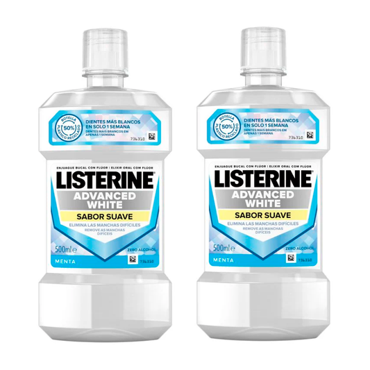 Listerine Duplo Enjuague Bucal, Blanqueador Avanzado, Sin Alcohol, Menta Suave, 2 x 500 Ml