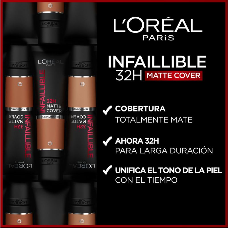 L'Oréal Paris Infalible 32H Matte Cover Base Alta Cobertura Mate 330 Noisette 30Ml Con Niacinamida, Spf25, Resistente Al Agua