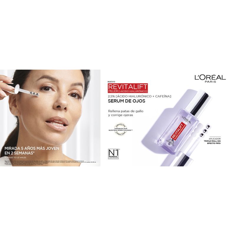 L'Oréal Paris Serum Ojos Revitalift Filler: 2.5% Ácido Hialurónico Y Cafeína, Triple Roll-On