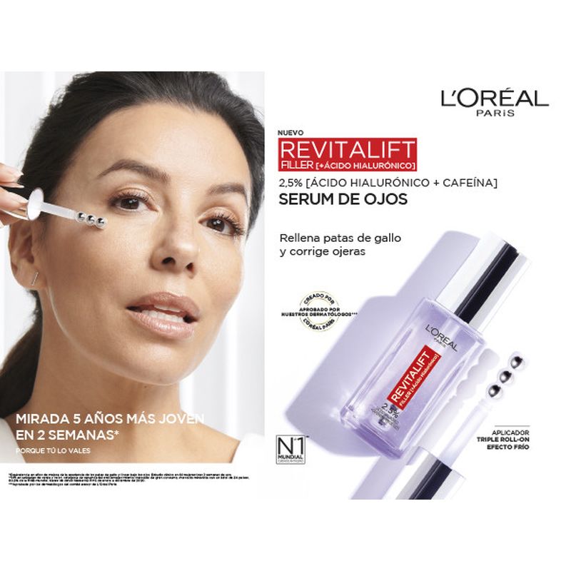 L'Oréal Paris Serum Ojos Revitalift Filler: 2.5% Ácido Hialurónico Y Cafeína, Triple Roll-On