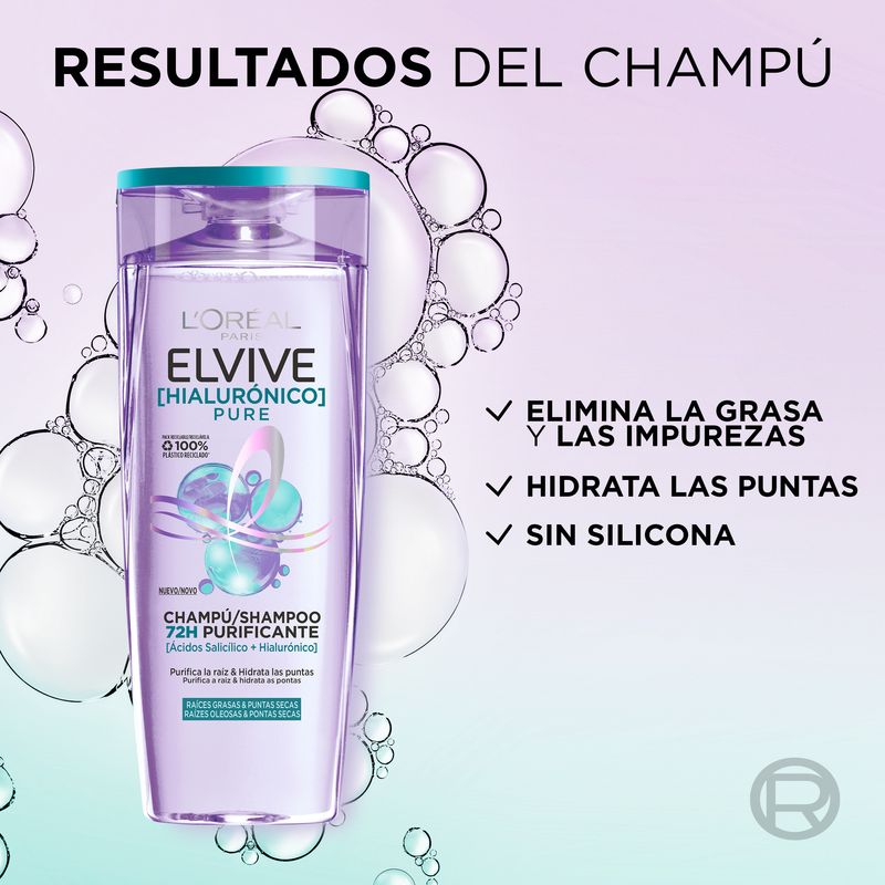 L'Oréal Paris Elvive Champú Hialuronico Pure: Limpia, Hidrata, Cabello Con Cuerpo Y Brillo, Sin Siliconas, 400Ml