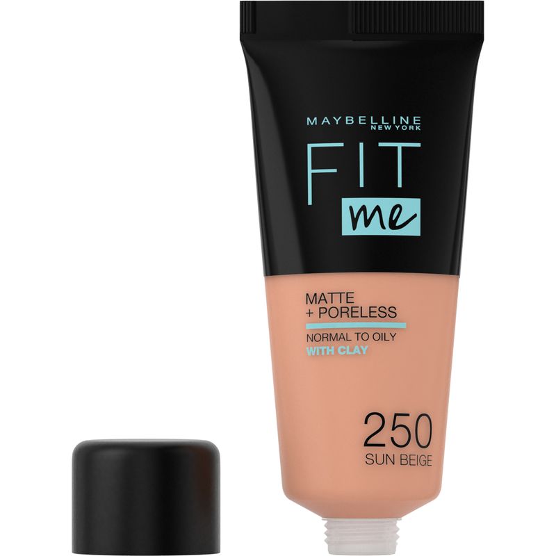 Maybelline New York Base De Maquillaje Fit Me Mate Y Afinaporos Tono 250 Sun Beige Calca A Tu Tono Y Textura Pieles Medias - 30Ml