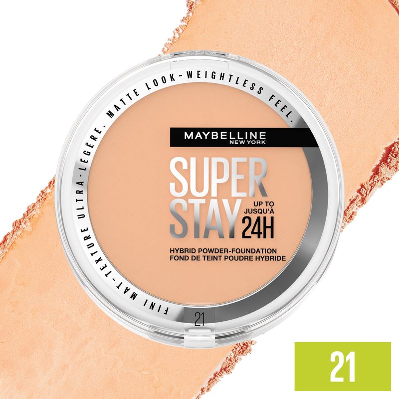 Maybelline New York Superstay Híbrido 24H Base De Maquillaje En Polvo, Súper Cobertura, Súper Ligera, Hasta 24H, Tono 21