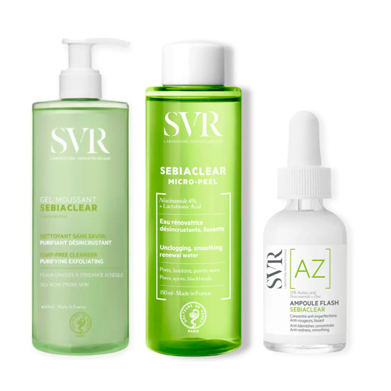 Svr Pack  Rutina Piel Acneíca Sebiaclear Ampoule Flash, 30 Ml + Sebiaclear Gel Mousse 400 Ml + Sebiaclear Micro Peel 150 Ml