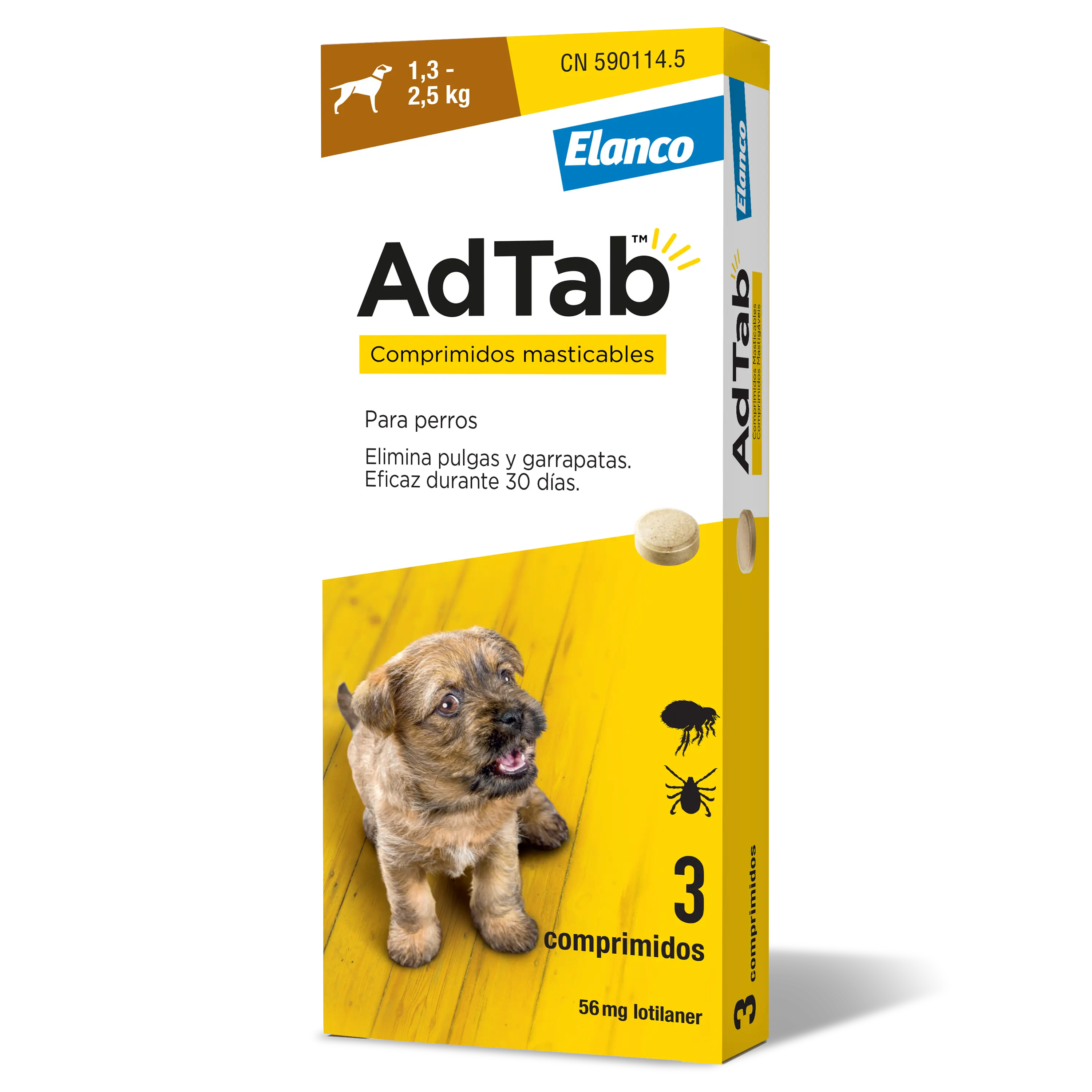 AdTab 56Mg Comp. Masticables Perros 1,3-2,5Kg, 3Cpd