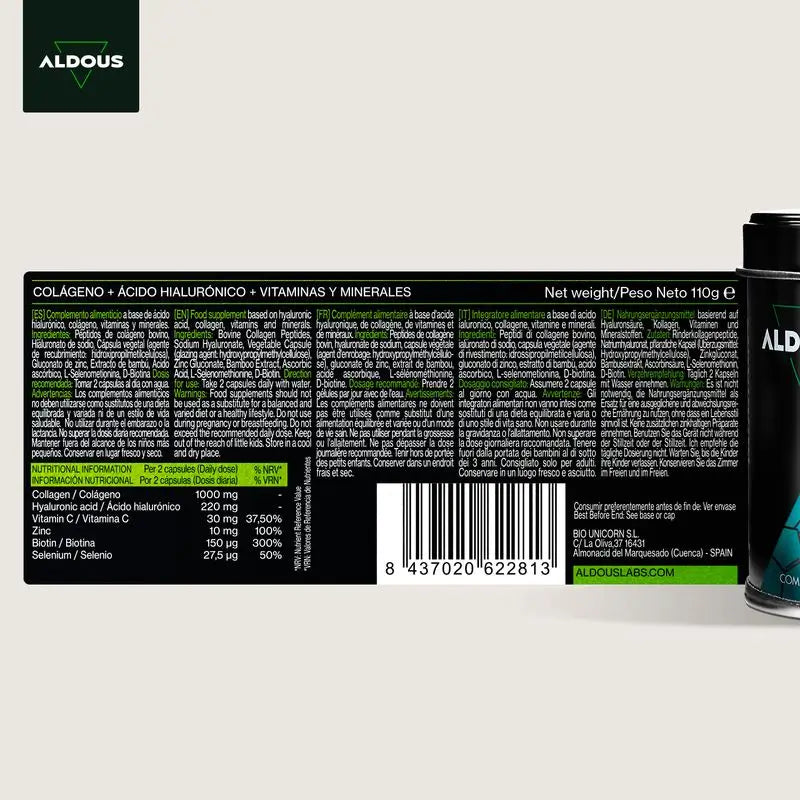 Aldous Bio Ácido Hialurónico Con Colágeno, Vitaminas Y Minerales, 120 caspsulas