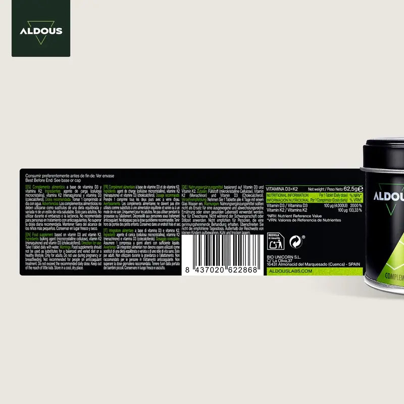 Aldous Bio Vitamina D3 + K2, 250 comprimidos