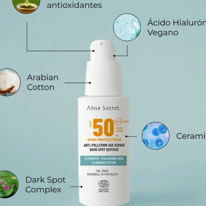 Alma Secret Solar Facial Natural Spf 50 Con Ceramidas, Antimanchas Y Oil-Free