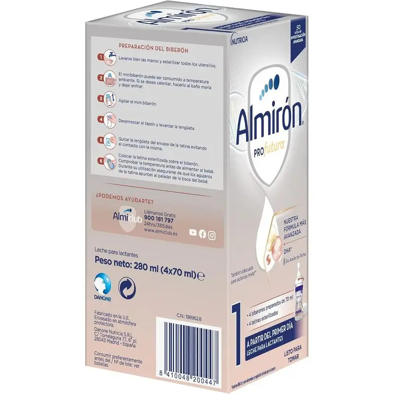 Almirón Profutura 1 Minibiberones, Leche de Inicio Bebé desde el Primer Día, 4x70ml, 280ml