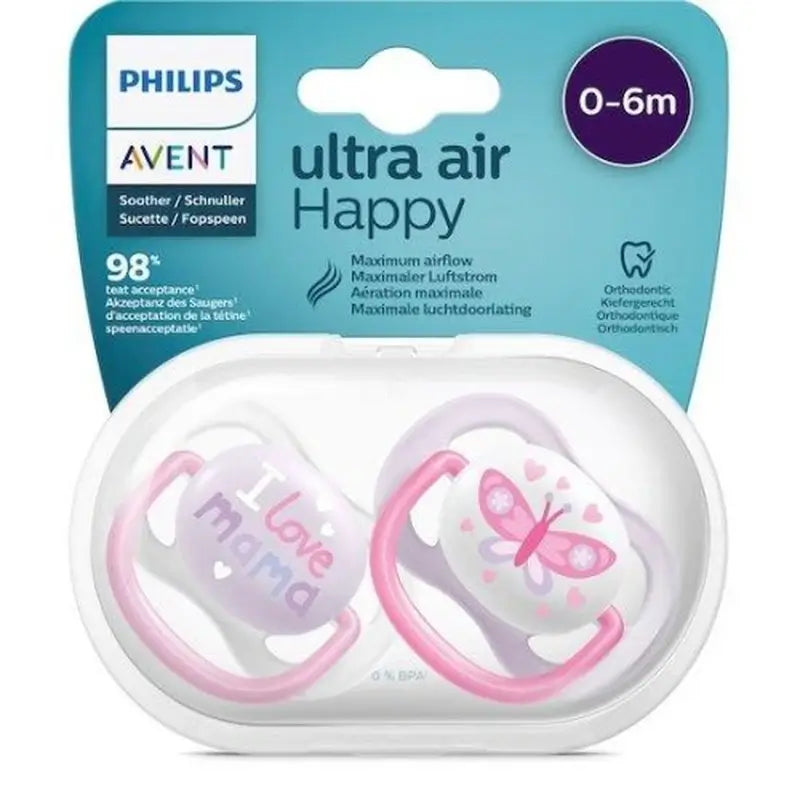 Avent 2 Chupetes Ultra Air Collection Happy 0-6 Meses Silicona Niña