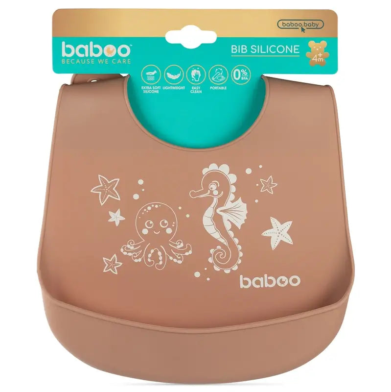 Baboo Babero De Silicona Suave Con Bolsillo Cacao, 4+ Meses, 1 unidad