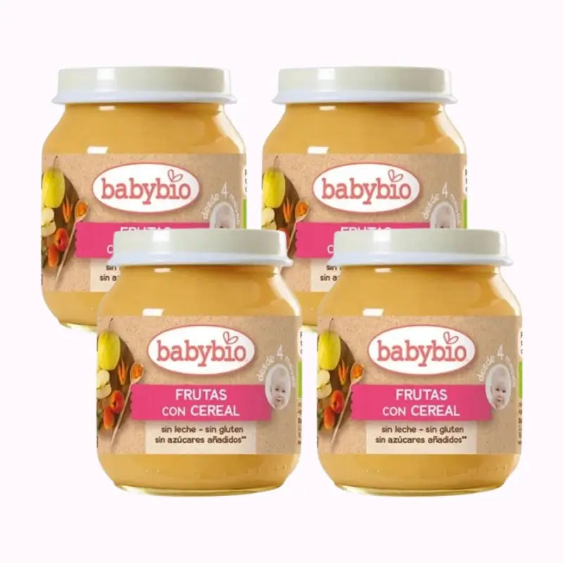 Babybio Frutas con Cereales, Pack 4 x 130 gr