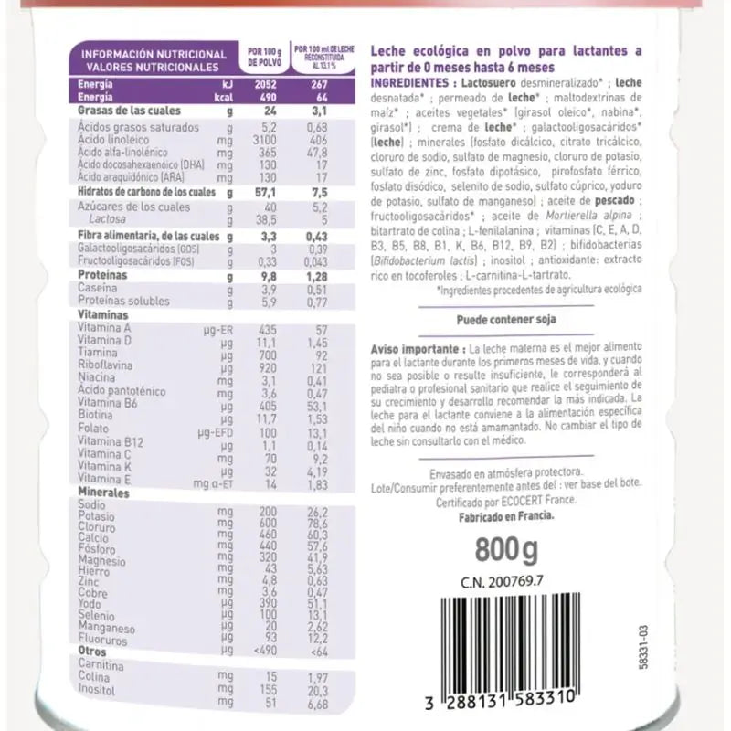 Babybio Pack Optima 1 Leche de Vaca 0-6 Meses, 12 x 800 gr