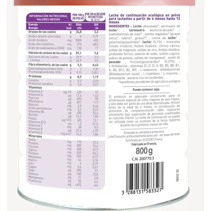 Babybio Pack Optima 2 Leche de Vaca +6 Meses, 2 x 800 gr