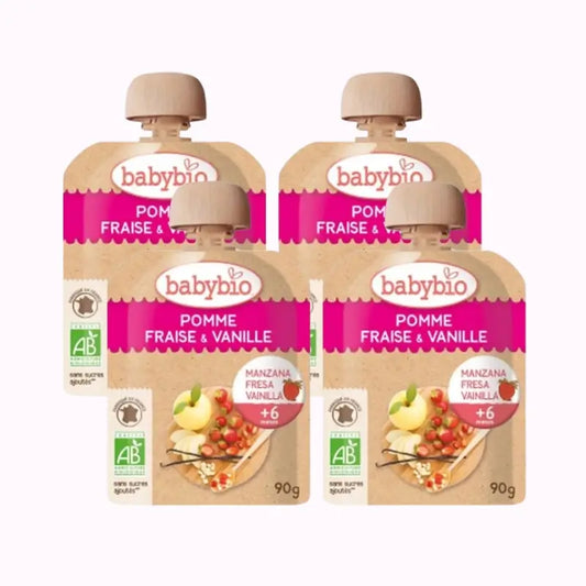 Babybio Pouch Manzana Fresa Vainilla, Pack 4 x 90 gr