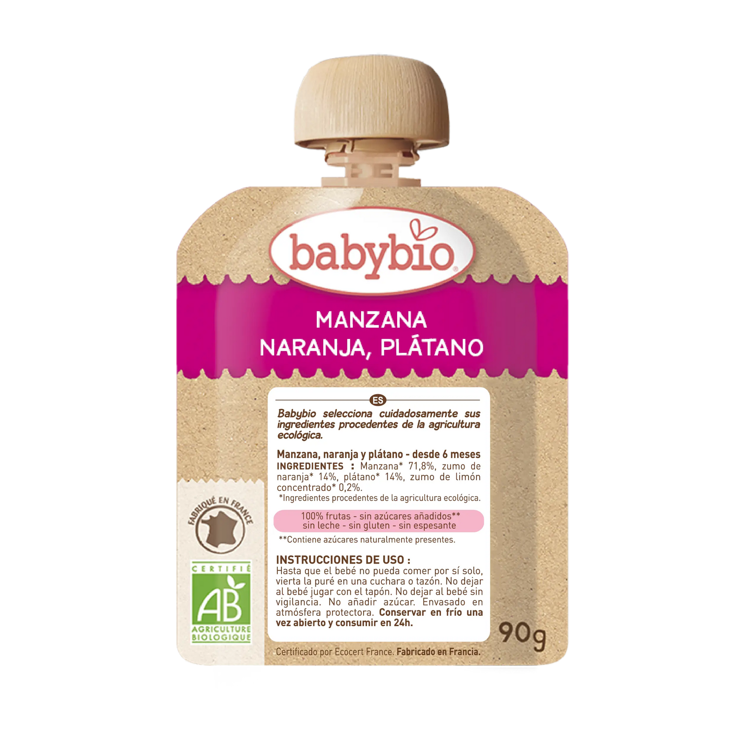 Babybio Pouche Manzana Naranja Plátano Bio, 4x90g