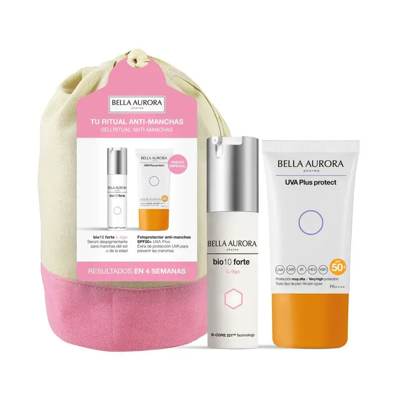 Bella Aurora Anti-Manchas Pack Bio10 Forte L-Tigo + Fotoprotector Uva Plus + Neceser De Regalo, 30 + 50 ml