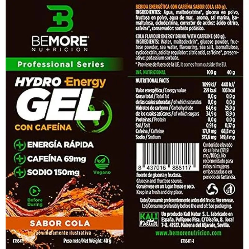 Bemore Nutrición Hydro Gel+ Energy Sabor Cola con Cafeína 24 unidades