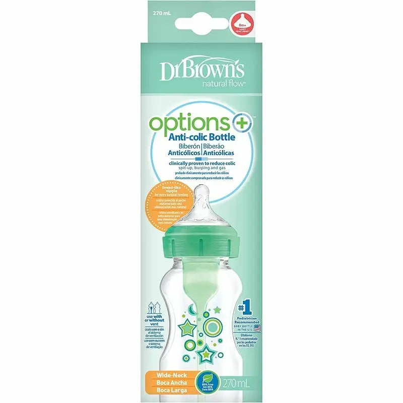 Biberon Boca Ancha Verde Estrellas PP Options+, 270 ml