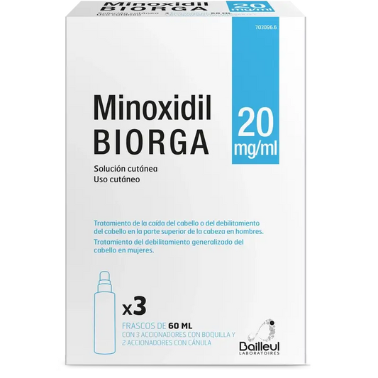 Biorga 20 Mg/ ml Minoxidil Solución Cutanea 3 Frascos 60 ml + 3 Accionadores de Boquilla y 2 Accionadores con Canula