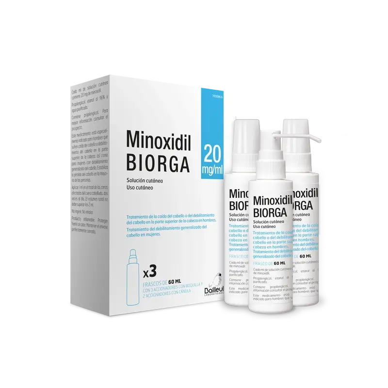 Biorga 20 Mg/ ml Minoxidil Solución Cutanea 3 Frascos 60 ml + 3 Accionadores de Boquilla y 2 Accionadores con Canula