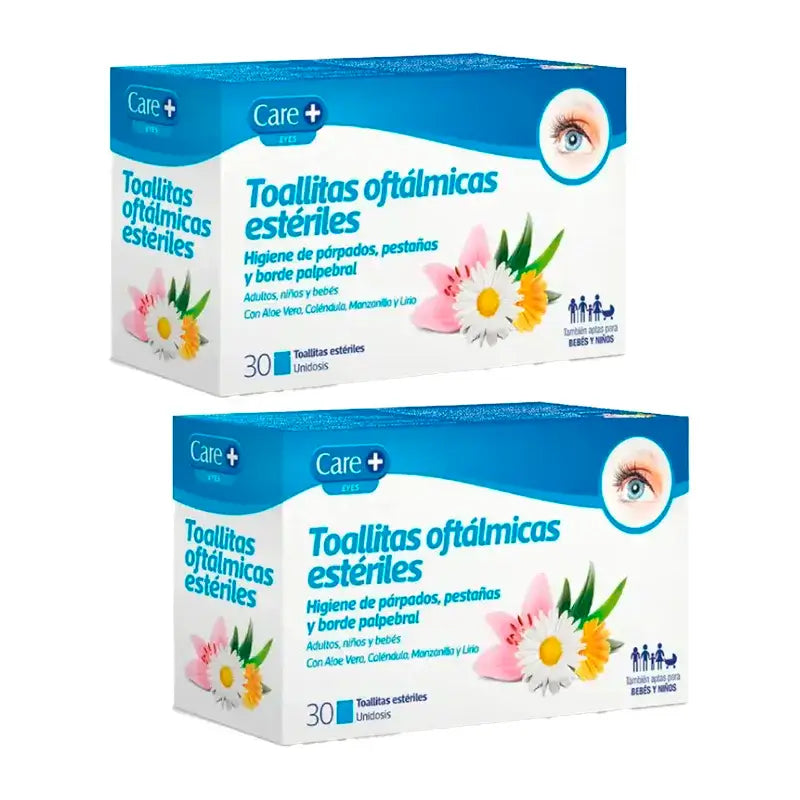 Care+ Toallitas Oftálmicas Estériles, Pack 2 x 30 Unidades