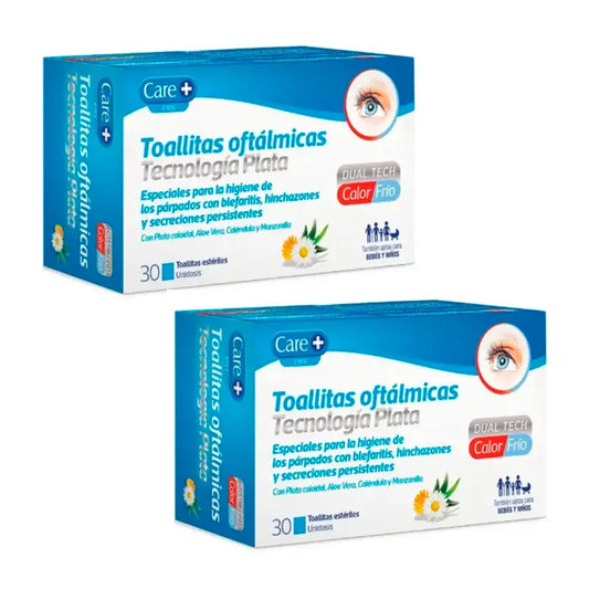 Care+ Toallitas Oftálmicas Tecnología Plata, Pack 2 x 30 Unidades