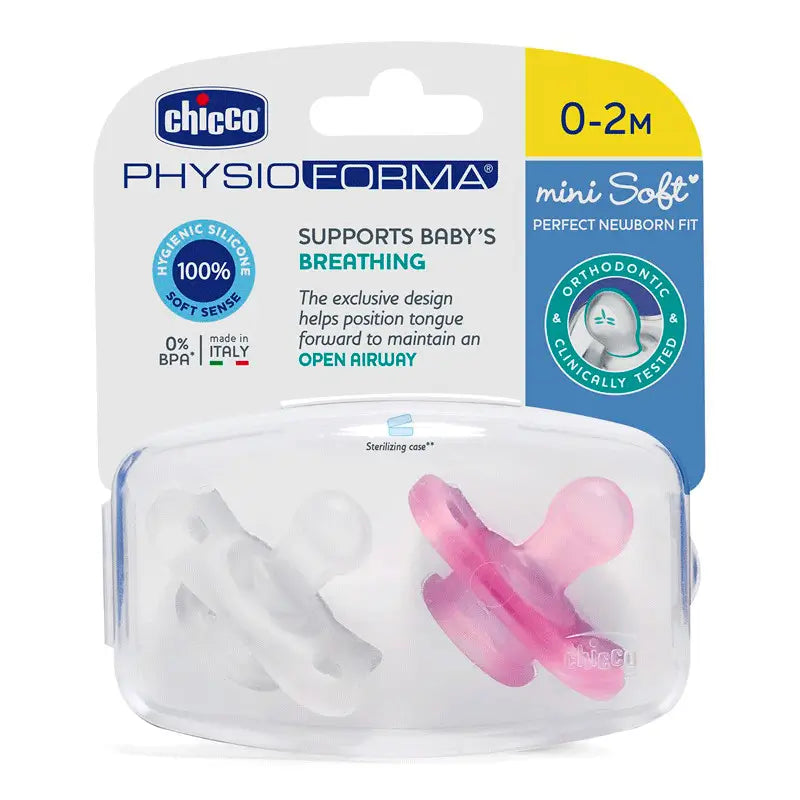 Chicco Pack 2 Chupetes Physio Minisoft Rosa-Transparente 0-2 Meses