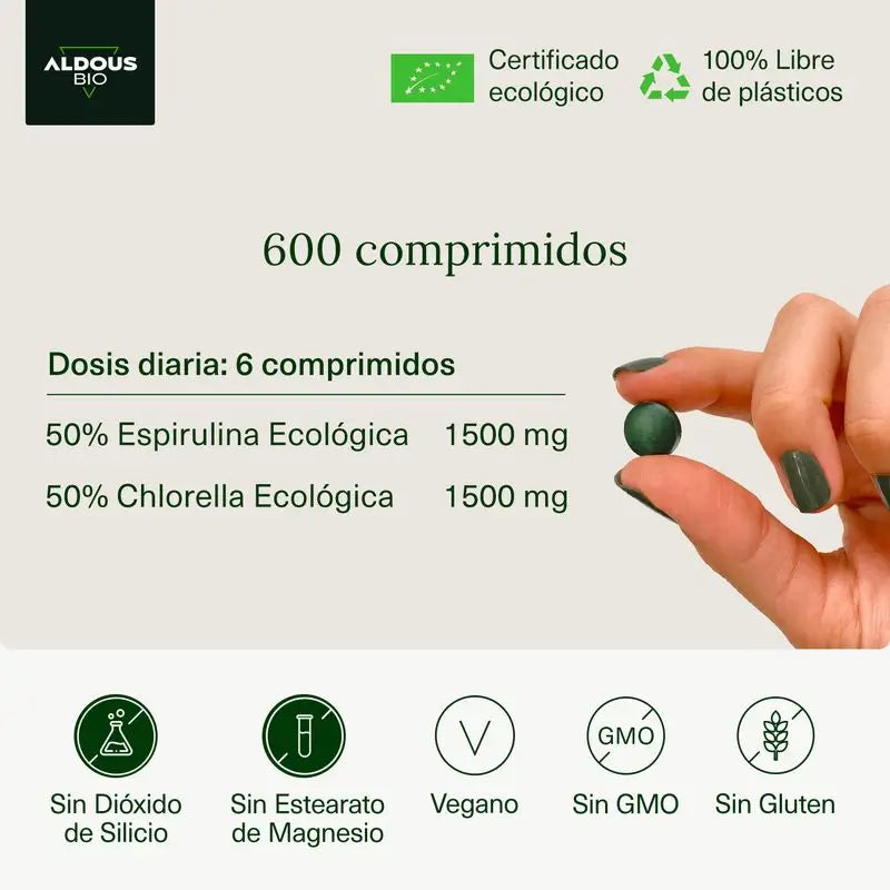 Aldous Chlorella y Espirulina Ecológica Premium, 600 unidades