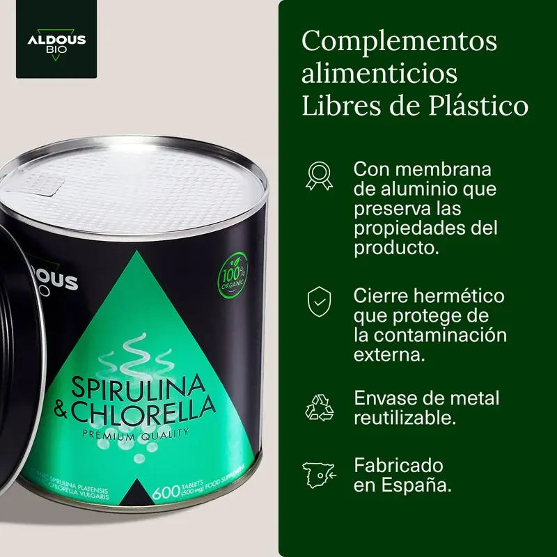 Aldous Chlorella y Espirulina Ecológica Premium, 600 unidades