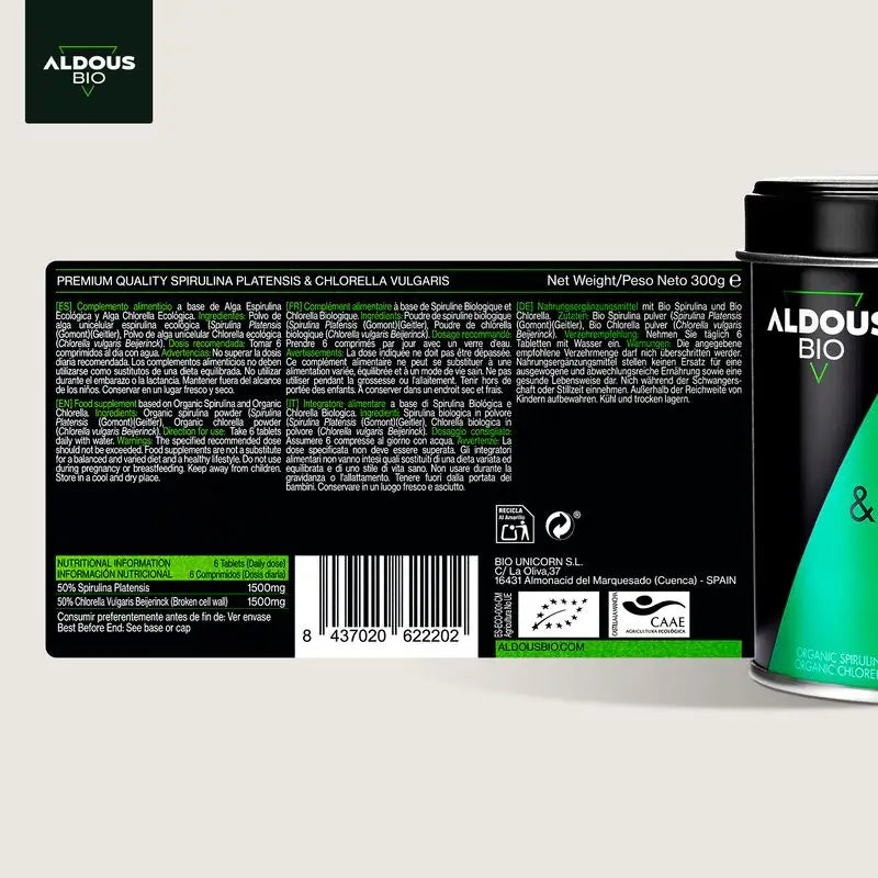 Aldous Chlorella y Espirulina Ecológica Premium, 600 unidades