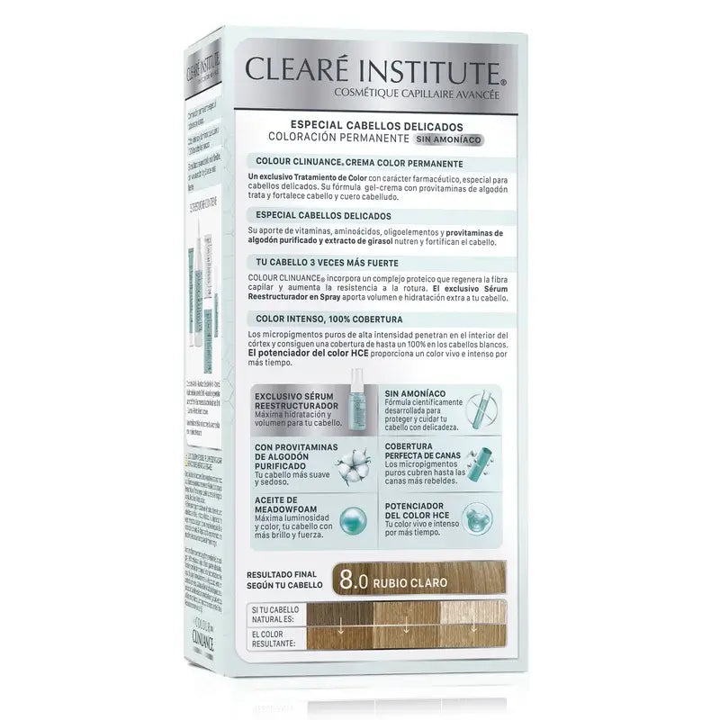 Clearé Institute Colour Clinuance Coloración Permanente Tinte Sin Amoníacos 8.0 Rubio Claro