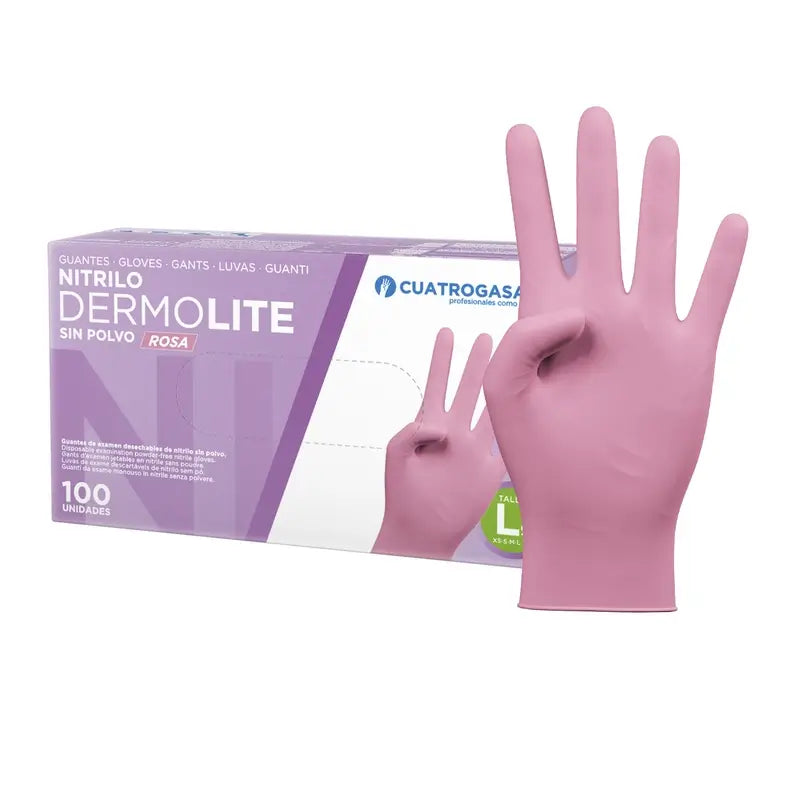 Cuatrogasa Guantes Nitrilo Dermolite Sin Polvo Rosa Talla L, 100 Unidades