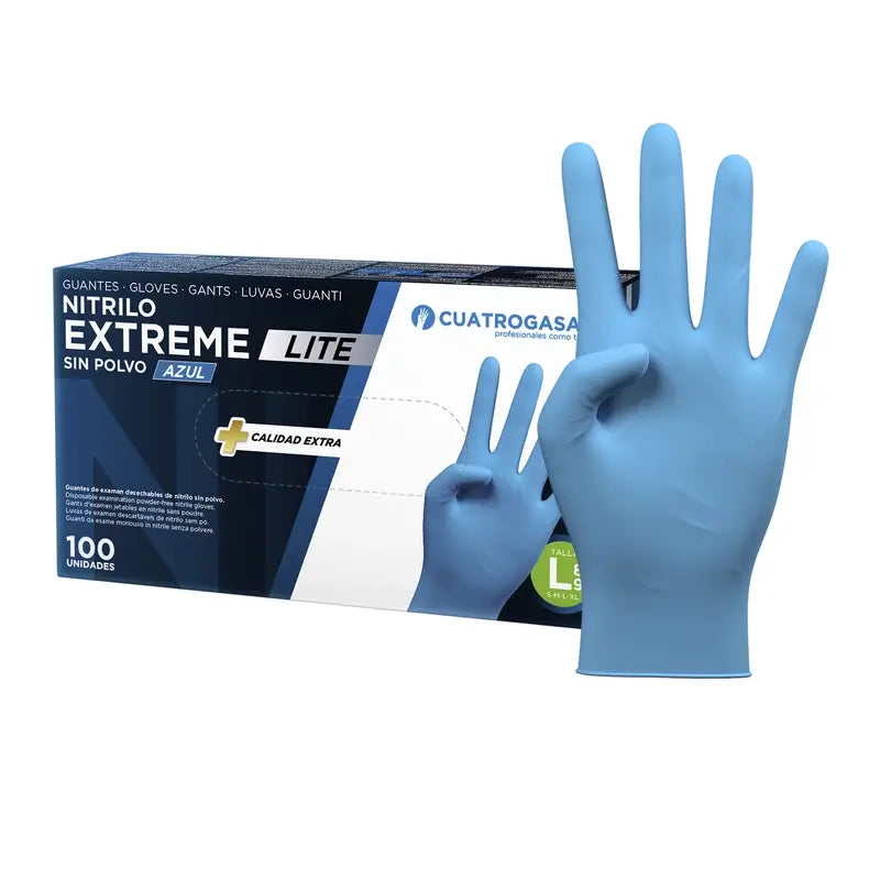 Cuatrogasa Guantes Nitrilo Extreme Lite Sin Polvo Azul Talla L, 100 Unidades