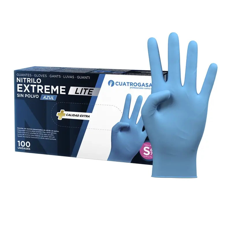 Cuatrogasa Guantes Nitrilo Extreme Lite Sin Polvo Azul Talla S, 100 Unidades