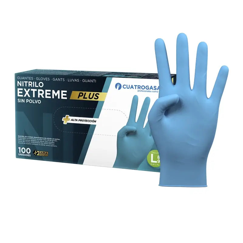 Cuatrogasa Guantes Nitrilo Extreme Plus Sin Polvo Azul Talla L, 100 Unidades