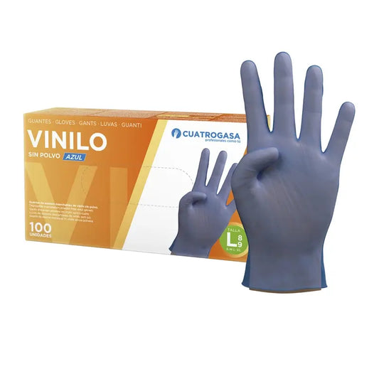 Cuatrogasa Guantes Vinilo Sin Polvo Azul Talla L, 100 Unidades